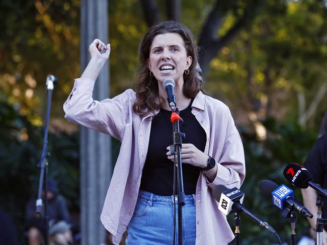 WEEKEND TELEGRAPH - 27.4.24MUST CHECK WITH PIC EDITOR BEOFRE USE - People from all over Sydney march against domestic violence against women in the CBD today.  Hannah Ferguson rails against politicians.  Picture: Sam Ruttyn