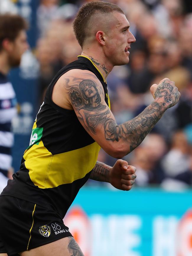 Dusty pumps his fist after kicking an early goal. Pic: Michael Klein