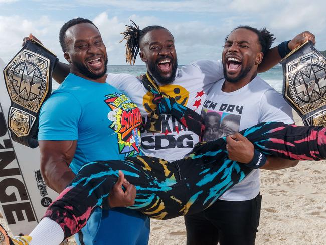DAILY TELEGRAPH JANUARY 23, 2022The New Day wrestling talent (left) Big E,  Kofi Kingston and Xavier Woods, in Australia for a press tour to celebrate BINGE as the new exclusive streaming home of WWE in Australia. Picture: David Swift