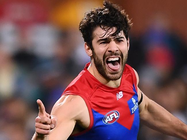 ADELAIDE, AUSTRALIA - JULY 08: Christian Petracca of the Demons  celebrates a goal during the round 17 AFL match between Port Adelaide Power and Melbourne Demons at Adelaide Oval on July 08, 2021 in Adelaide, Australia. (Photo by Mark Brake/Getty Images)