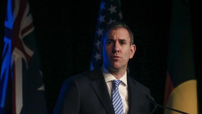 Federal Treasurer Jim Chalmers delivers the keynote address to Australia-US forum on the future of banking in Pacific countries. Picture: Glenn Campbell