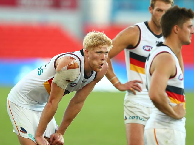 Elliott Himmelberg and Riley Knight (both front) had just 14 disposals between them on Saturday. Picture: Getty Images