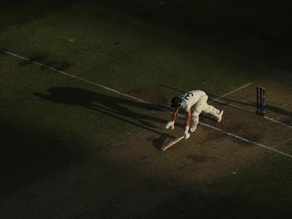 Marnus Labuschagne is caught LBW in the dying light of day 3 in Perth. Picture: Robert Cianflone/Getty Images.