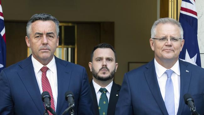 Prime Minister Scott Morrison with Minister Veterans and Defence Personnel Darren Chester and Phillip Thompson. Picture Gary Ramage