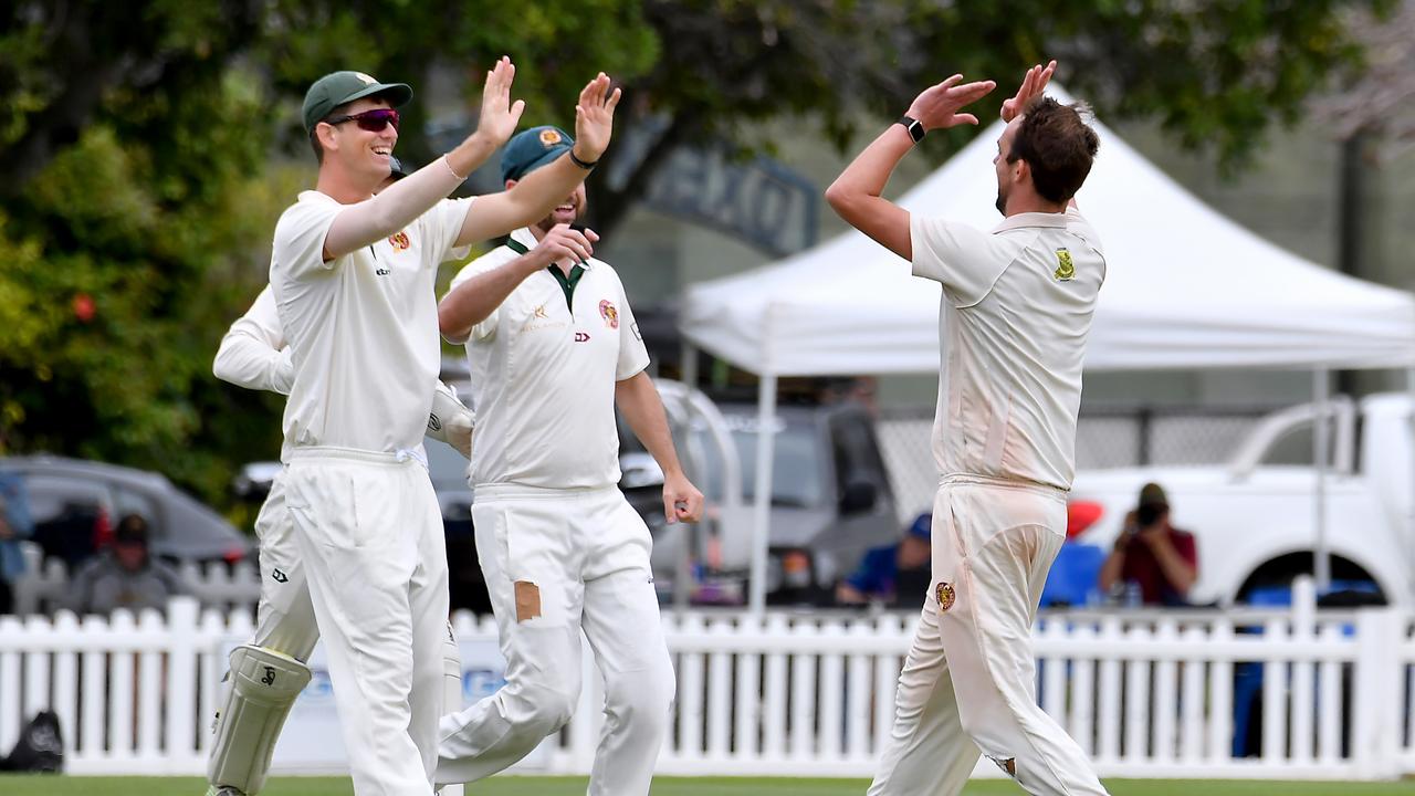 Redlands players celebrate a wicket Sci-Fleet Motors club cricket competition between Toombul and Redlands Saturday October 1, 2022. Picture, John Gass