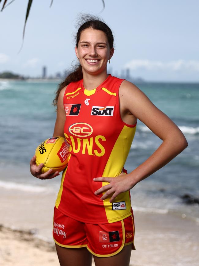 Kiara Bischa poses during a Gold Coast Suns AFLW media opportunity on December 19, 2023 in Burleigh Heads, Australia. (Photo by Chris Hyde/Getty Images)