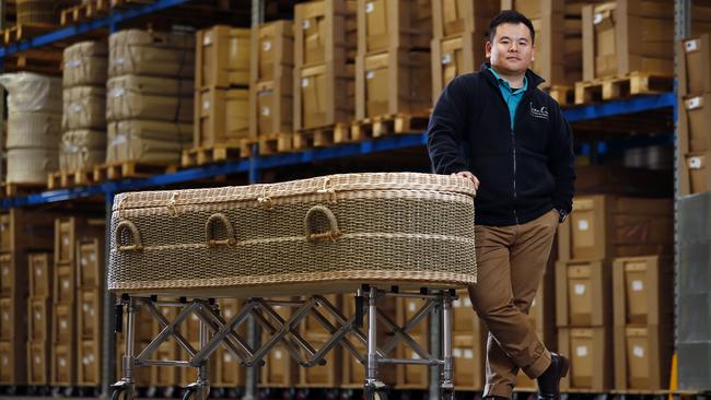 Issac Leung, from Scientia Coffins, says sales of 100 per cent eco-friendly coffins have increased in the past year. Picture: Sam Ruttyn