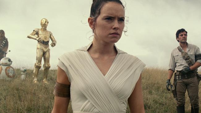 Chewbacca (Joonas Suotamo), BB-8, D-O, Rey (Daisy Ridley), Poe Dameron (Oscar Isaac) and Finn (John Boyega) in a scene from the movie Star Wars: The Rise of Skywalker. Supplied by Disney.