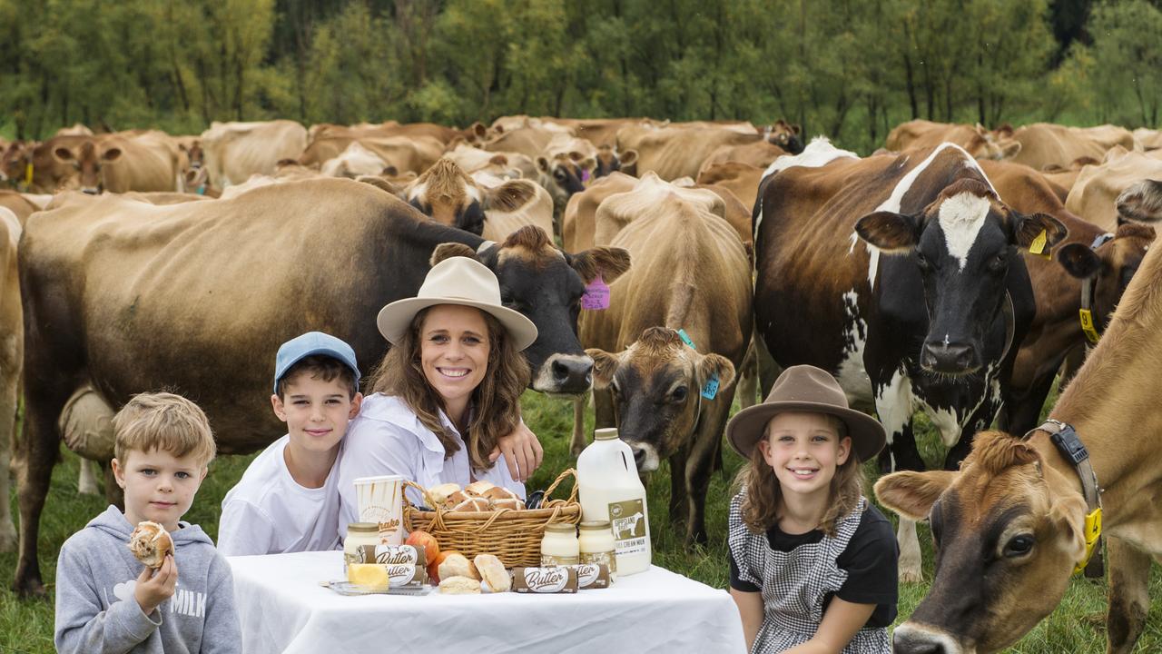 Sallie with Max, Billy and Evie. The family enjoys hot cross buns with Gippsland Jersey’s new butter and cream. Picture: Zoe Phillips