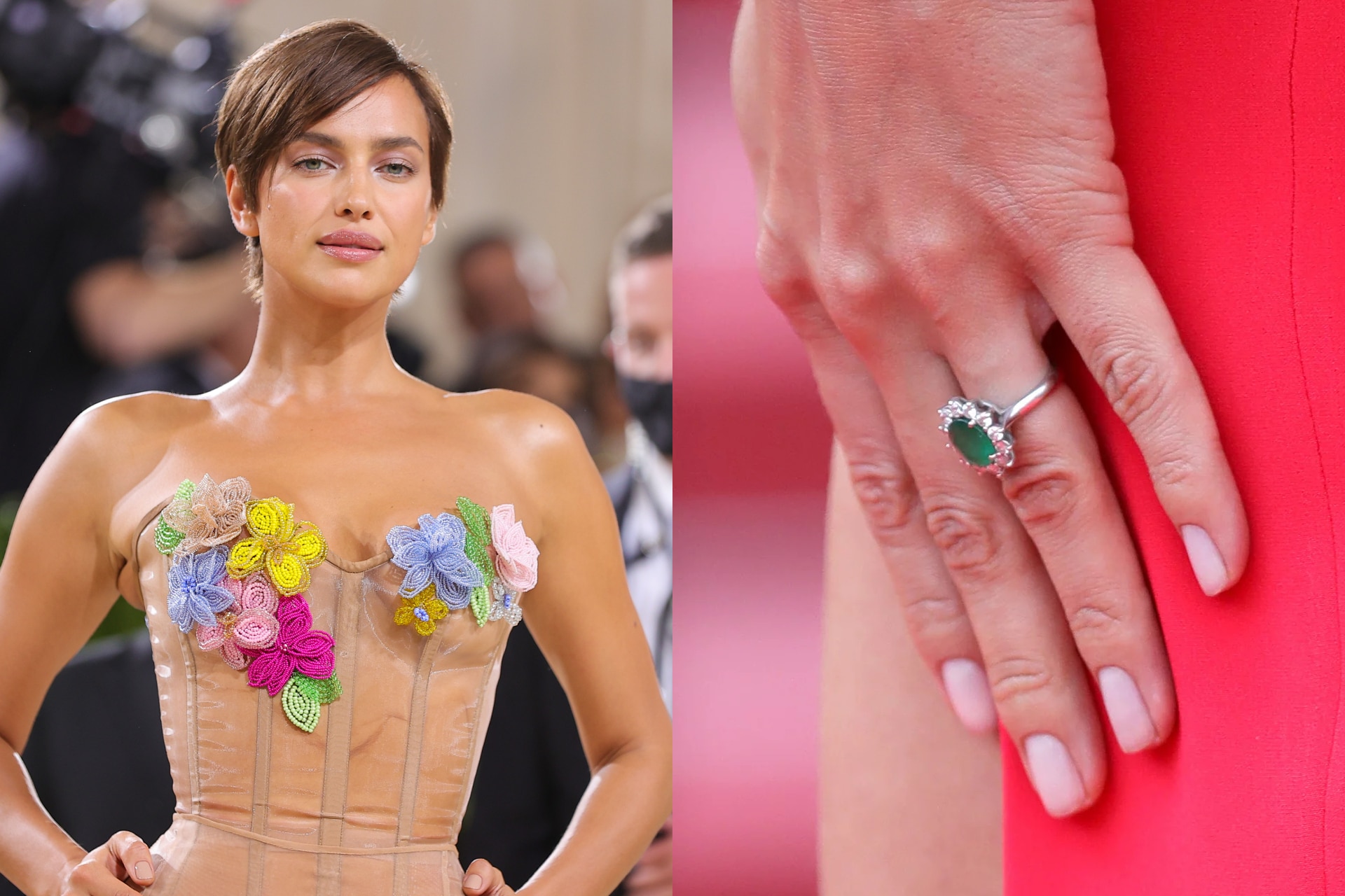 <h3><b>Irina Shayk</b></h3><p>Irina Shayk&rsquo;s engagement ring, a gift from former partner Bradley Cooper, is composed of an emerald in a diamond halo&mdash;much like the sapphire ring sported by the Princess of Wales.</p><p><a href="https://www.newsletters.news.com.au/vogue"><i>Sign up to the Vogue newsletter</i></a></p>