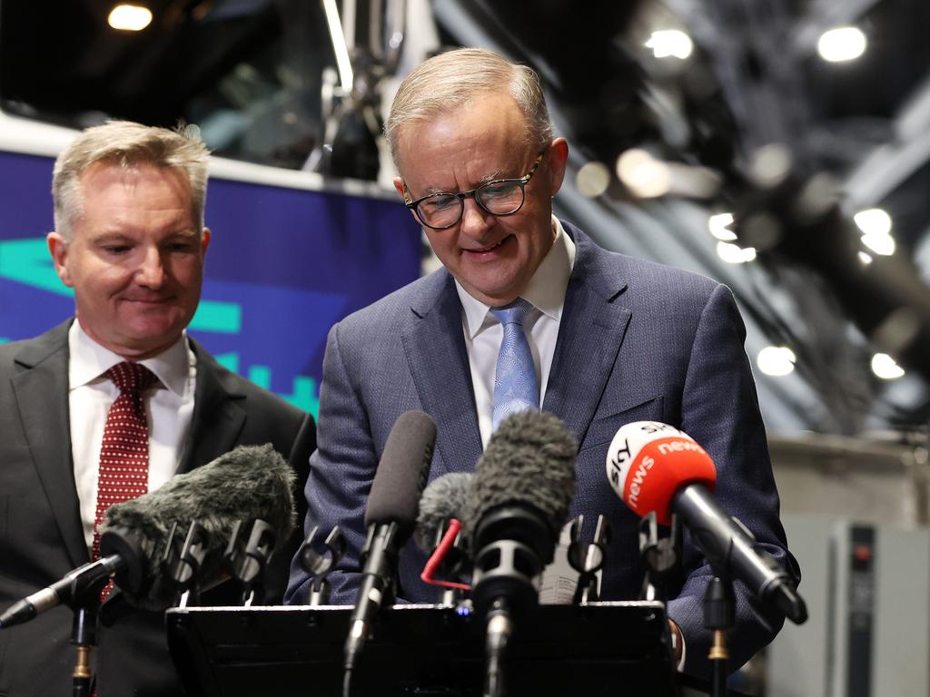 Labor leader Anthony Albanese refers to his notes during a press conference at the Smart Energy Expo on Thursday.