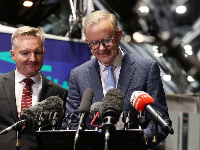 Labor leader Anthony Albanese refers to his notes during a press conference at the Smart Energy Expo on Thursday.