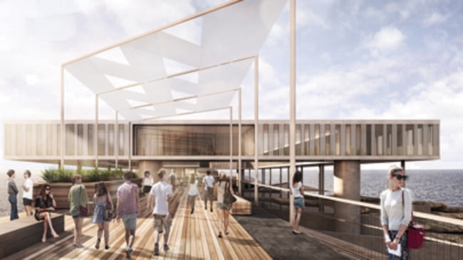 An artist’s impression of a proposed hotel overlooking the water from a redeveloped Glenelg jetty. Picture: Mott MacDonald