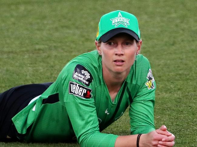 LAUNCESTON, AUSTRALIA - OCTOBER 27:  Meg Lanning of the Melbourne Stars after a mis-field during the Women's Big Bash League match between the Hobart Hurricanes and the Melbourne Stars at University of Tasmania Stadium, on October 27, 2021, in Launceston, Australia. (Photo by Sarah Reed/Getty Images)