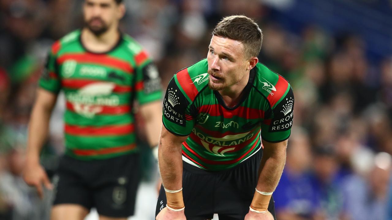 GOLD COAST, AUSTRALIA - JULY 18: Damien Cook of the Rabbitohs looks on during the round 18 NRL match between the South Sydney Rabbitohs and the Canterbury Bulldogs at Cbus Super Stadium, on July 18, 2021, in Gold Coast, Australia. (Photo by Chris Hyde/Getty Images)