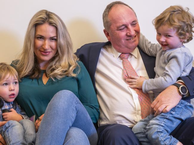 Deputy Prime Minister Barnaby Joyce with his partner Vikki Campion and their children, Sebastian and Thomas. Picture: NCA NewsWire / Martin Ollman