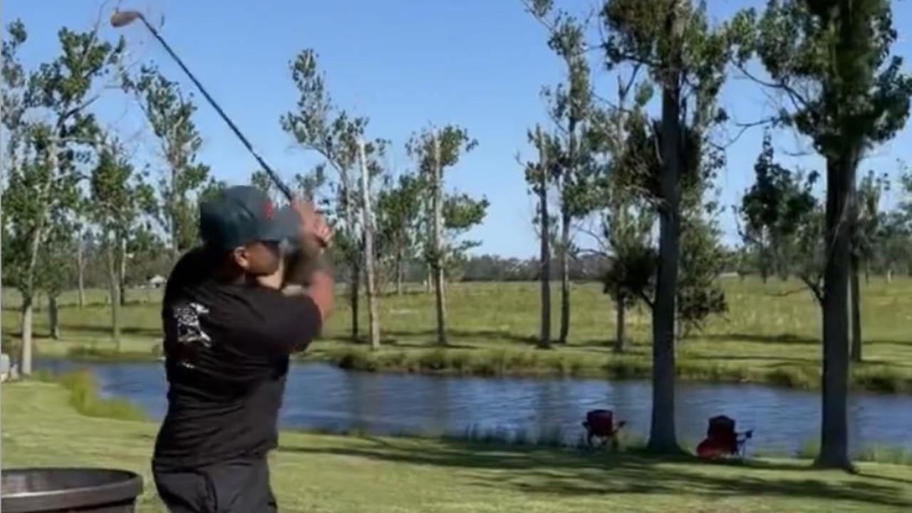 South Sydney star Latrell Mitchell taking a swing during the off-season.