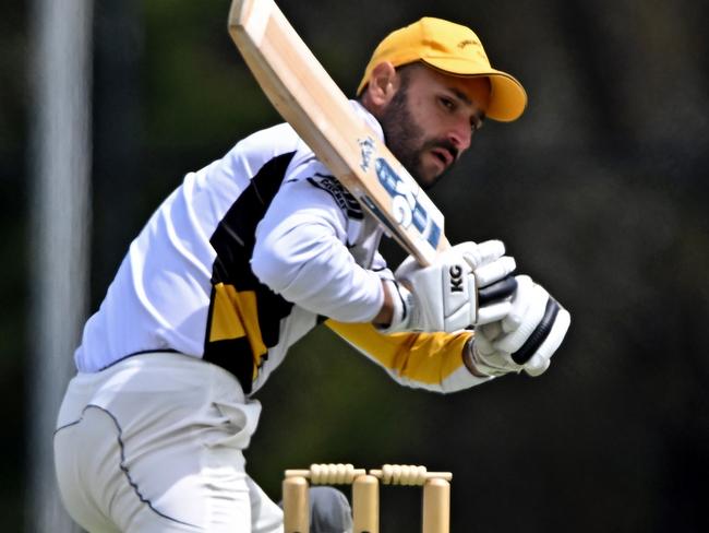 Sunbury UnitedÃs Amrit Sandhu during the GDCA McIntyre Shield: Diggers Rest Bulla v Sunbury United cricket match at Bloomdale Oval in Diggers Rest, Saturday, Nov. 11, 2023. Picture: Andy Brownbill