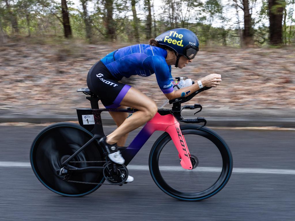 Ashleigh Gentle on her way to a record 10th Noosa Triathlon title. Photo: Korupt Vision