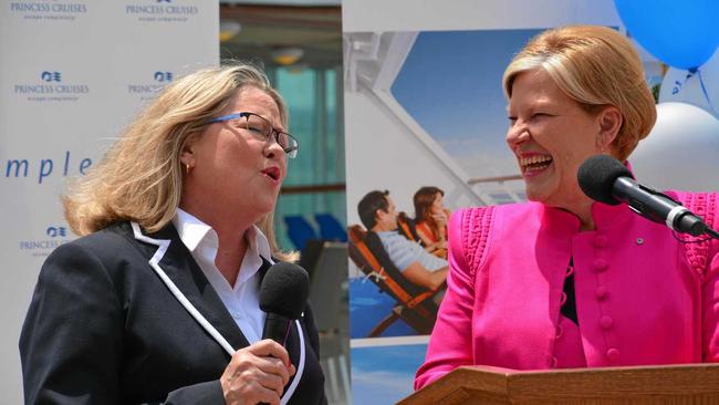 Love Boat actress Lauren Tewes in her Julie McCoy cruise director uniform celebrates her 60th birthday on the top deck of Sea Princess in Brisbane. She is pictured with Carnival Australia CEO Ann Sherry, who spent a 