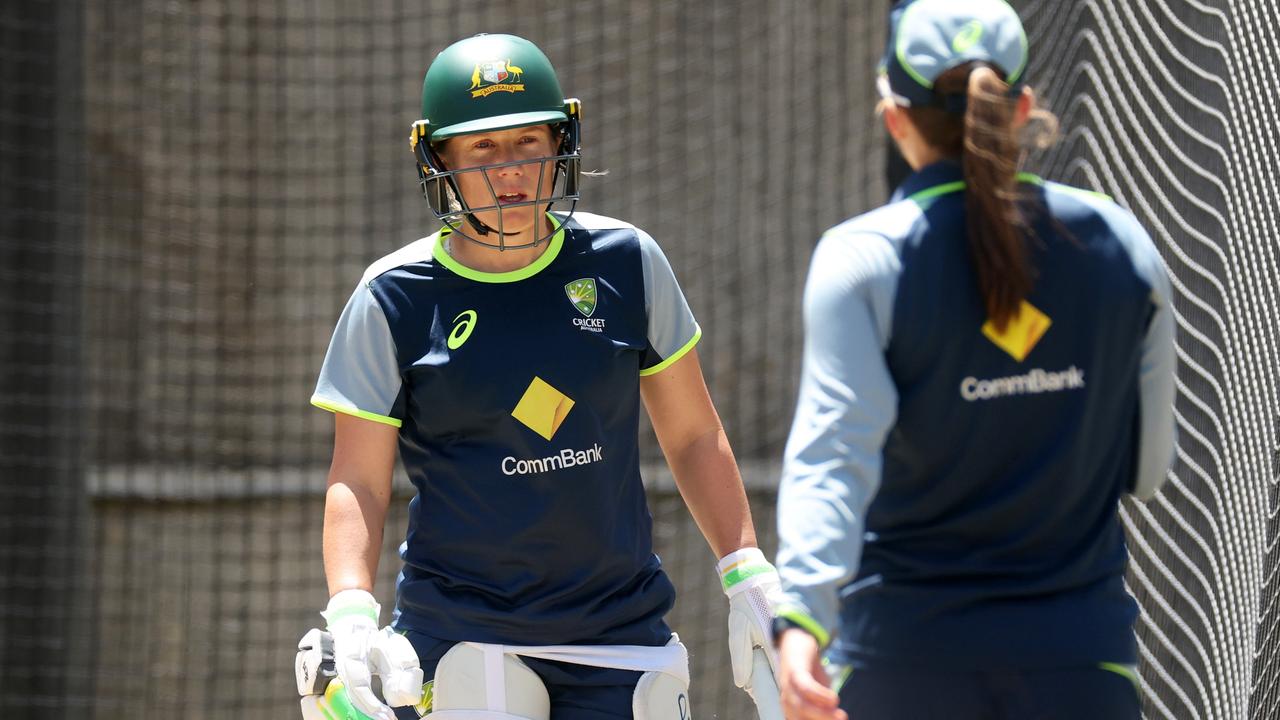 Alyssa Healy of Australia chats during an Ashes training session at the MCG. (Photo by Daniel Pockett/Getty Images)