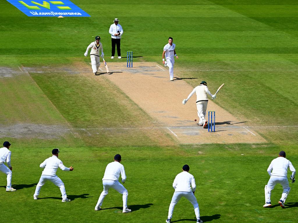 James Anderson bowls to a stacked slips cordon. Picture: Getty Images