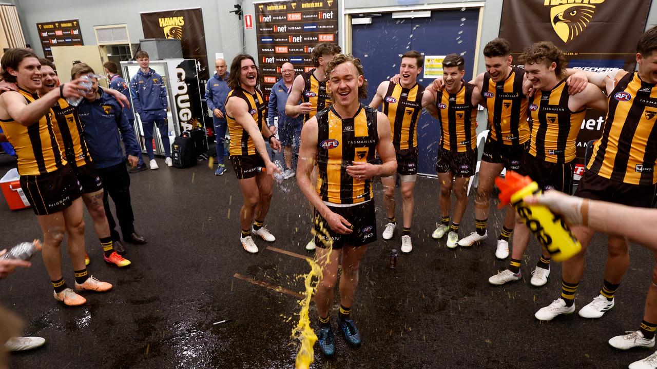 Bailey Macdonald after his first win as a Hawk. Picture: Getty Images