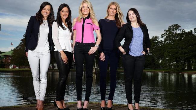 Australian sports journalists Victoria Murphy, Melanie McLaughlin, Erin Molen, Lara Pitt and Maria Naratsialis. Picture: Sam Ruttyn