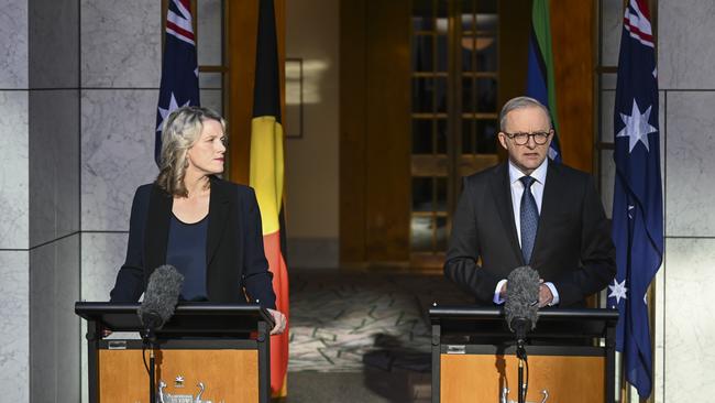 Prime Minister Anthony Albanese and Minister for Home Affairs and Minister for Cyber Security Clare O'Neil hold a press conference at Parliament House in Canberra.