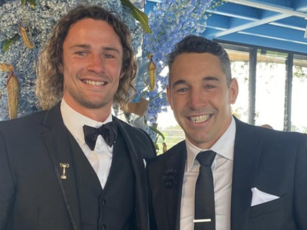 Nicho Hynes and Billy Slater at Flemington on Saturday.