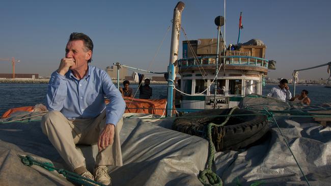 Michael Palin leaves Dubai on a dhow in his documentary TV show 'Around The World In 20 Years'. Picture: Supplied.