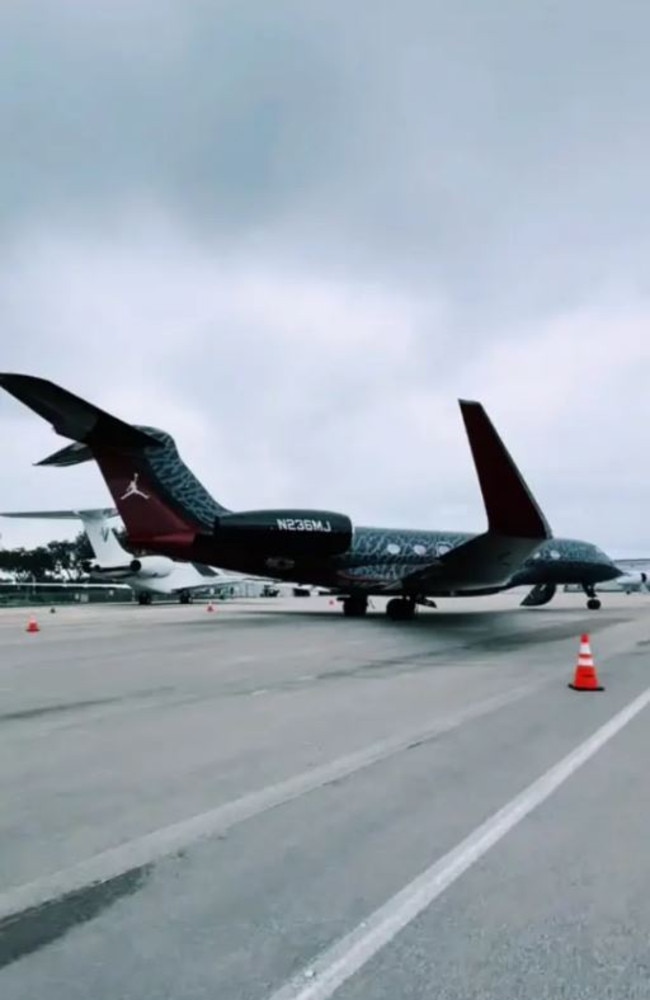 The jet, known for holding the record for the farthest fastest flight in business aviation, features a silver-and-black design resembling his elephant-print sneakers and his iconic Jumpman logo. Picture: Tiktok/@seanpalmbeach