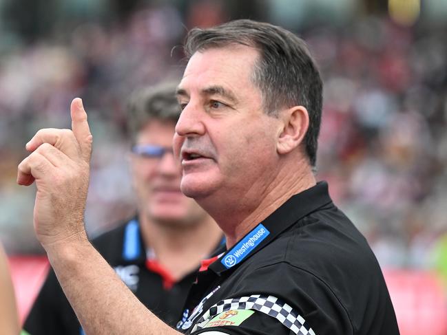 LAUNCESTON, AUSTRALIA - MAY 11: Ross Lyon, Senior Coach of the Saints addresses the team during the round nine AFL match between match between Hawthorn Hawks and St Kilda Saints at  University of Tasmania Stadium, on May 11, 2024, in Launceston, Australia. (Photo by Steve Bell/Getty Images)