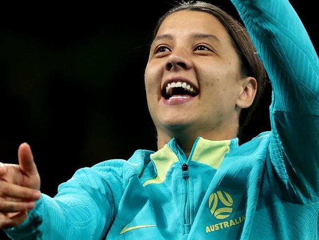 MELBOURNE, AUSTRALIA - JULY 31: Sam Kerr of Australia applauds fans after the team's 4-0 victory and qualification for the knockout stage following  during the FIFA Women's World Cup Australia & New Zealand 2023 Group B match between Canada and Australia at Melbourne Rectangular Stadium on July 31, 2023 in Melbourne, Australia. (Photo by Robert Cianflone/Getty Images)