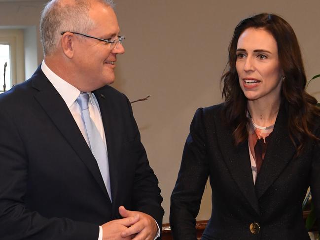 MELBOURNE, AUSTRALIA - JULY 19: (NO ARCHIVING) Prime Minister of Australia Scott Morrison (left) and Prime Minister of New Zealand Jacinda Ardern are seen at at 4 Treasury Place in Melbourne, Friday, July 19, 2019.  (Photo by Julian Smith-Pool/Getty Images)