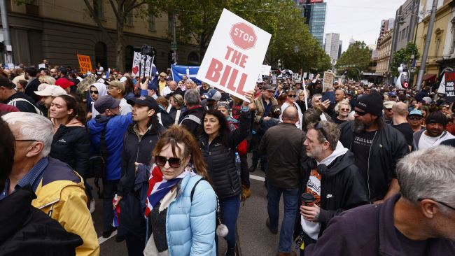 Protesters are pictured in Melbourne's CBD on Saturday rallying against Victoria's new pandemic laws. Picture: NCA NewsWire / Daniel Pockett