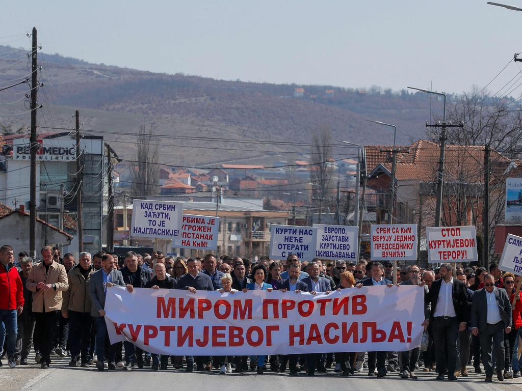 Kosovo Serbs protesting Kosovo’s refusal to allow them to vote in Serbia’s elections. Picture: AFP