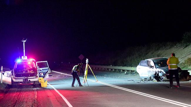 Police at the scene of the smash on Main South Road, near the intersection of Pedler Rd at Seaford Rise. Picture: Bianca De Marchi