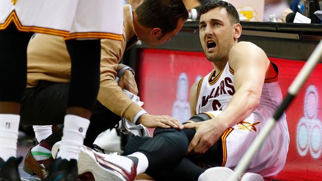 Aussie basketball fans felt Bogut’s pain when he broke his leg during his Cleveland debut. Picture: Getty Images