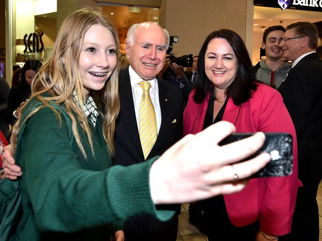 Former PM John Howard poses for a selfie at Ringwood Eastland Shopping Centre. Picture: Jay Town
