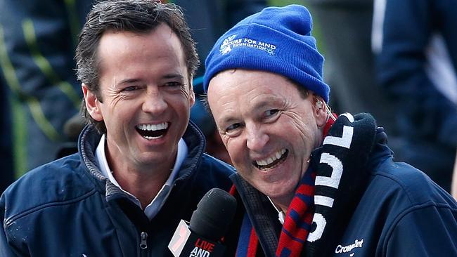 Hamish McLachlan and Neale Daniher share a laugh before the Big Freeze at the G during the 2015 AFL round ten match between the Melbourne Demons and the Collingwood Magpies. Picture: Michael Willson/AFL Media