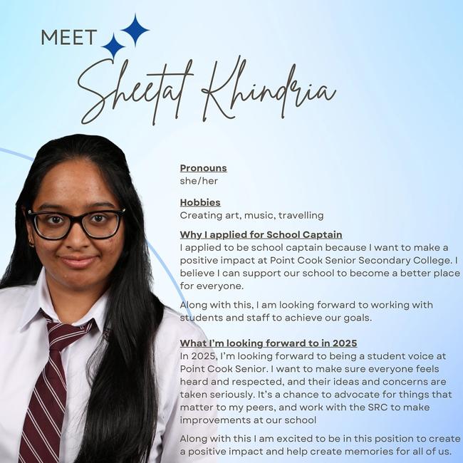 Point Cook Secondary College captain for 2025: Sheetat Khindria. Picture: Facebook