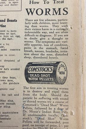 Comstock’s “dead shot” worm pellets. Gold Coast Bulletin advertising, 1945