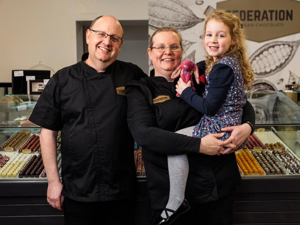 Federation Chocolate’s Maurice and Helen Curtis with their daughter Rose. Picture: Supplied