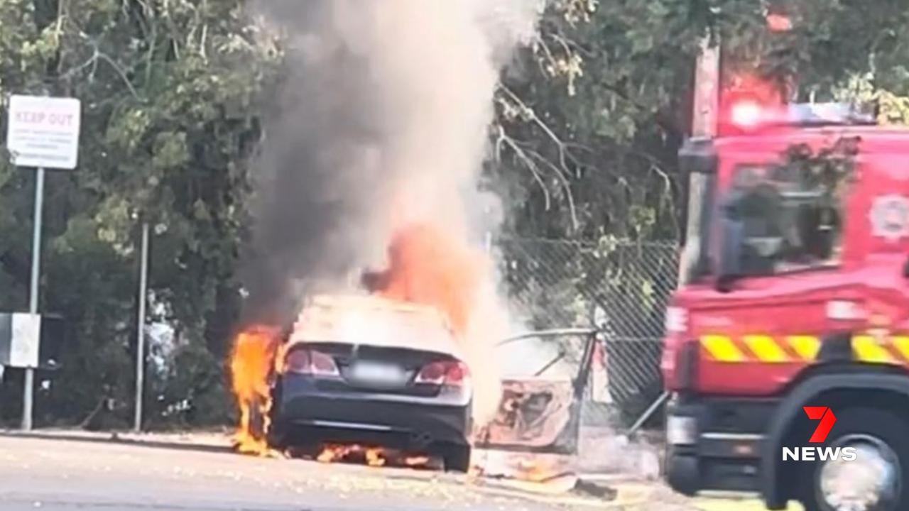 A getaway car used in a shooting at Wayville was found dumped and torched at Kurralta Park. Police say the shooting was not a random attack. Picture: 7NEWS