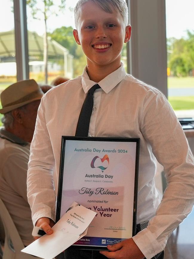 Young Volunteer of the Year Toby Robinson at the Fraser Coast Australia Day Awards at the Hervey Bay Regional Gallery on January 19, 2024.