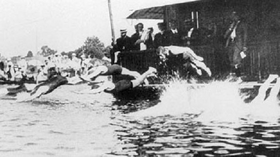 A photo of swimming athletes competing in the Olympic Games in Paris, France in 1900 in the Seine River. Picture: Wikimedia Commons