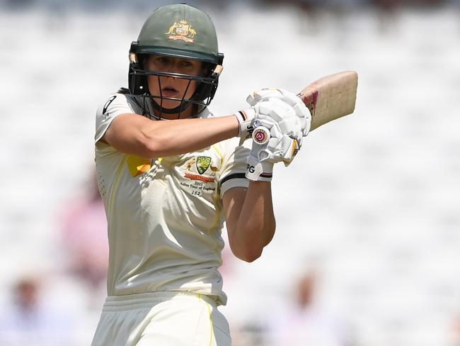 NOTTINGHAM, ENGLAND - JUNE 22: Ellyse Perry of Australia in batting action during day one of the LV= Insurance Women's Ashes Test match between England and Australia at Trent Bridge on June 22, 2023 in Nottingham, England. (Photo by Stu Forster/Getty Images)