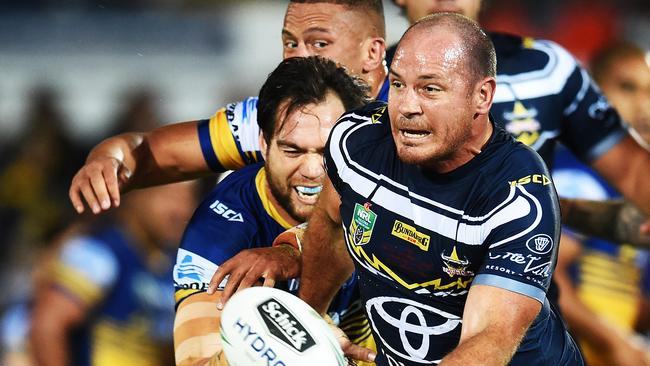 North Queensland Cowboys v Parramatta Eels from 1300 Smiles Stadium, Townsville. Cowboys Matt Scott is tackled. Picture: Zak Simmonds