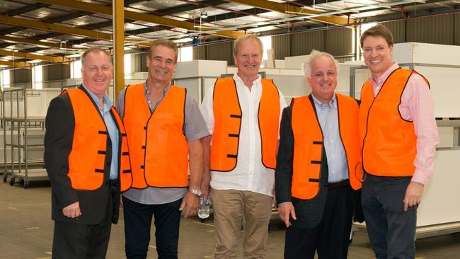 John Bourke from KWB Group, Peter Farquhar from KT3 Kitchens, Chris Weyland from KT3 Kitchens, Dan Smentana from Joyce Corp and Bonner MP Ross Vasta at the new production facility at 97 Trade St, Lytton.